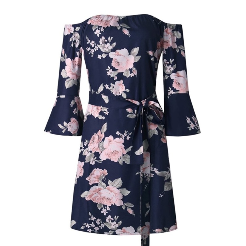 Blue Floral Dress with sash - Picture 3 of 4